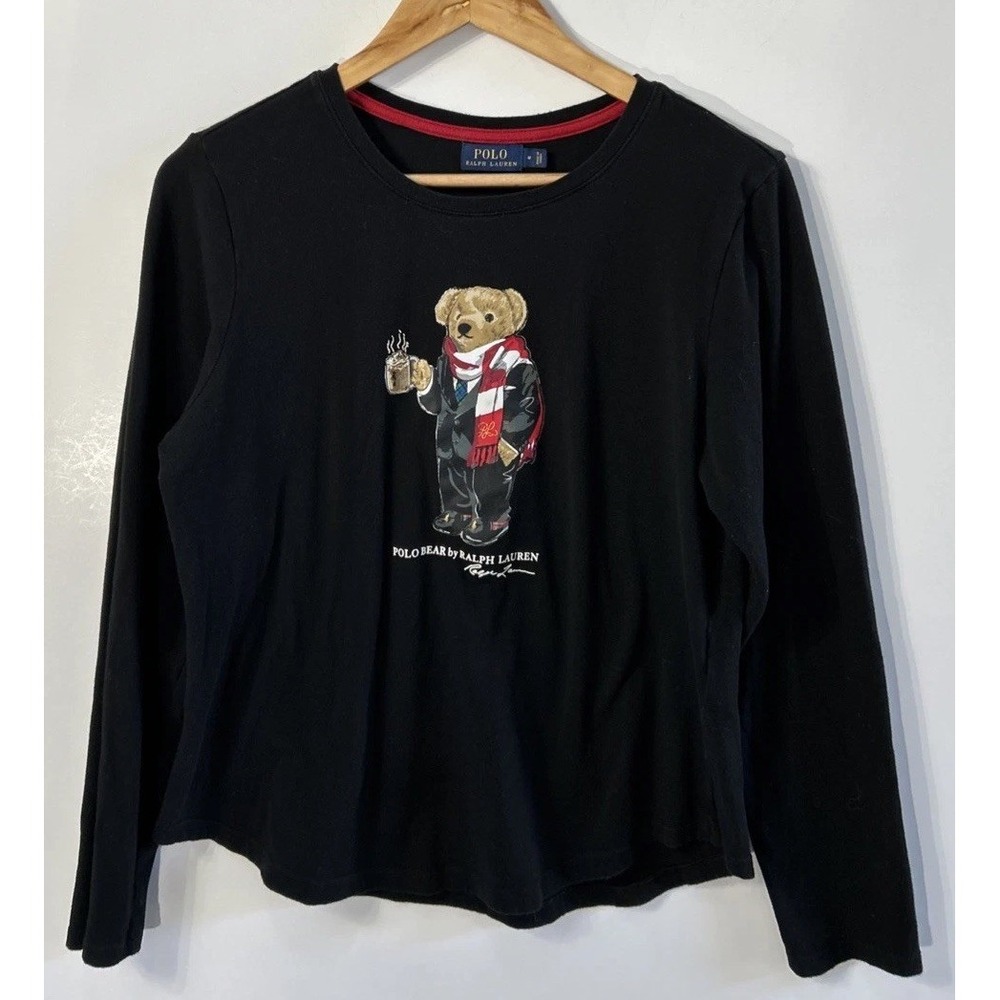 Women's Polo Ralph Lauren Long Sleeve Shirt Cocoa Bear Black Tuxedo Med